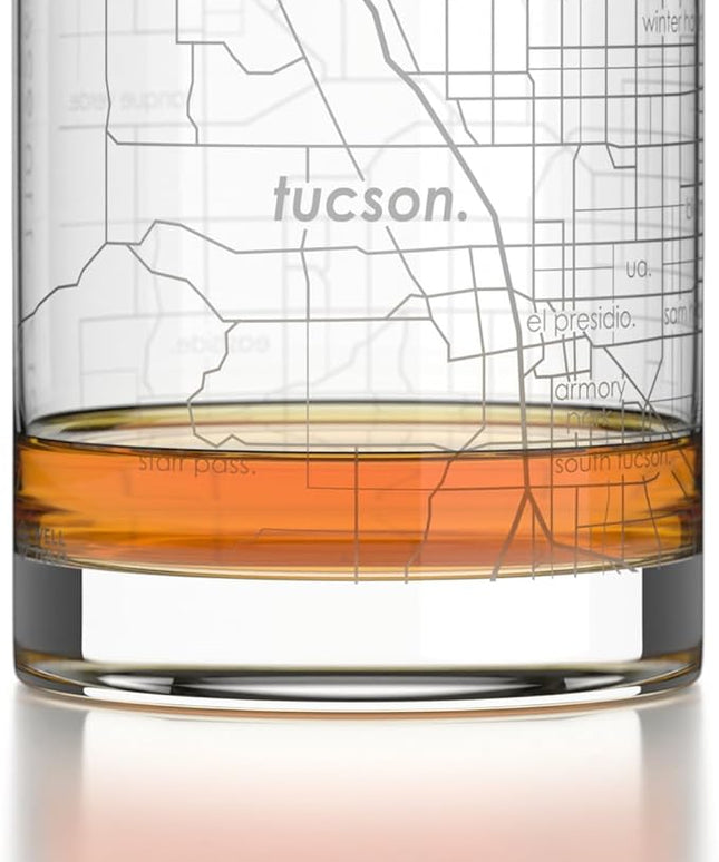 Well Told Engraved Tucson Arizona Map Rocks Glass, Old Fashioned Glassware (11 oz, Clear) Etched Bourbon Tumbler, Gifts For Whiskey Lovers