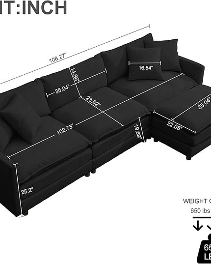 Modular Sectional Sofa,108.27'' Modern Corduroy Sofa Set for Living Room with 3 Seat & 1 Ottoman & 3 Pillows, Comfy Cloud Couches with Movable Ottoman, DIY Combination, Chenille (Black, L Shaped)