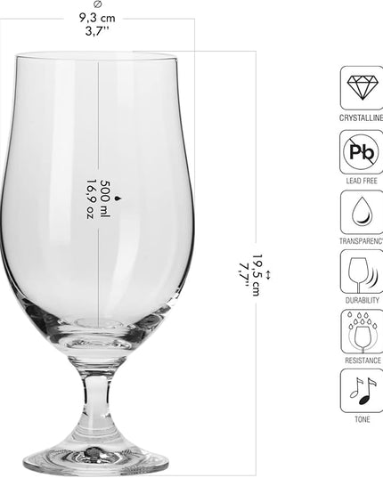 Krosno Lager Beer Glasses, Set of 6, 16.9 oz, Belgian Style Glasses, IPA, Craft Beer Glasses, Harmony Collection, Dishwasher Safe, Made in Europe