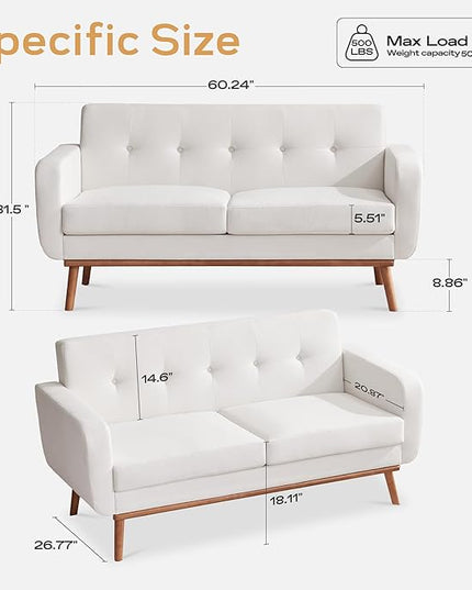 HUIMO Sofa Couch, Mid Century Modern Sofa with Solid Wood Frame, Button Tufted Couch for Bedroom, Living Room, Office, Apartment (White, 60 inch)