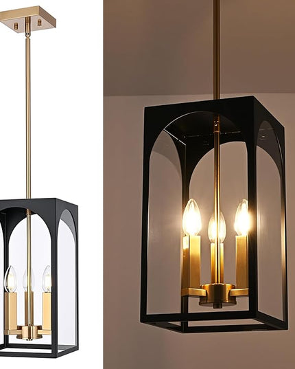 VINLUZ 3 Lights Outdoor Pendant Light Fixture in Black and Brushed Brass Finish, Classic Indoor Outdoor Hanging Lantern Lighting with Clear Glass Shade for Porch Entryway Hallway
