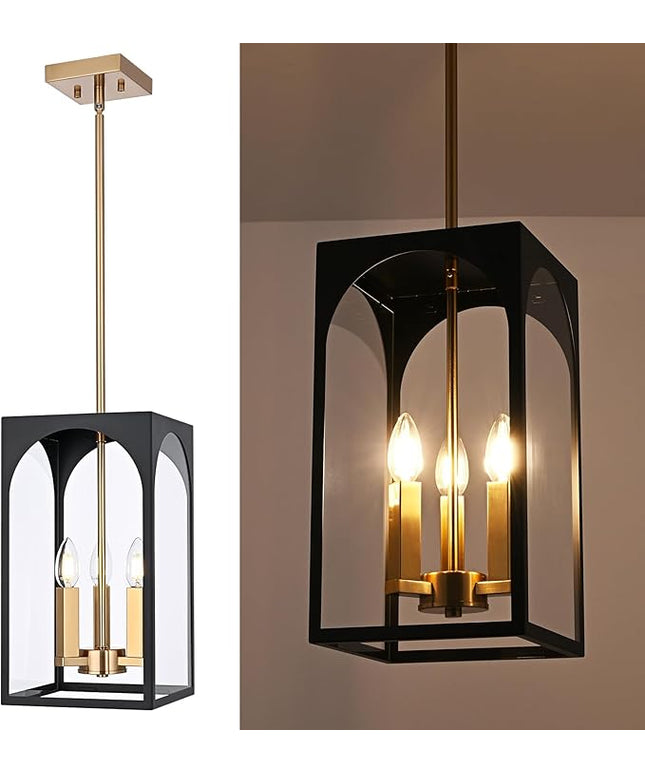 VINLUZ 3 Lights Outdoor Pendant Light Fixture in Black and Brushed Brass Finish, Classic Indoor Outdoor Hanging Lantern Lighting with Clear Glass Shade for Porch Entryway Hallway