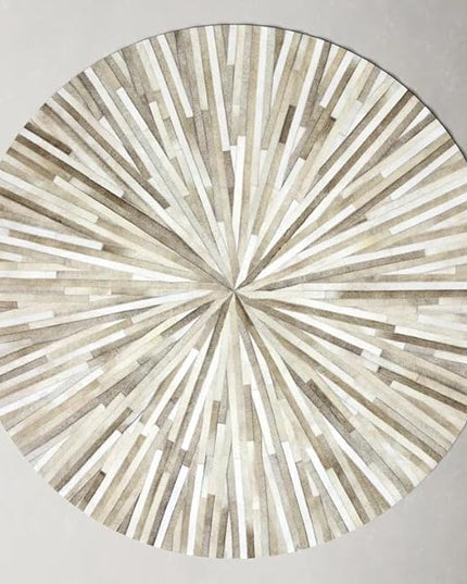 Premium Cowhide Leather Hand Made Stripes Patterned Round Area Rug - 10X10 ft - Beige, Premium Hand Made House Carpet for Living Room, Bedroom, Entryway