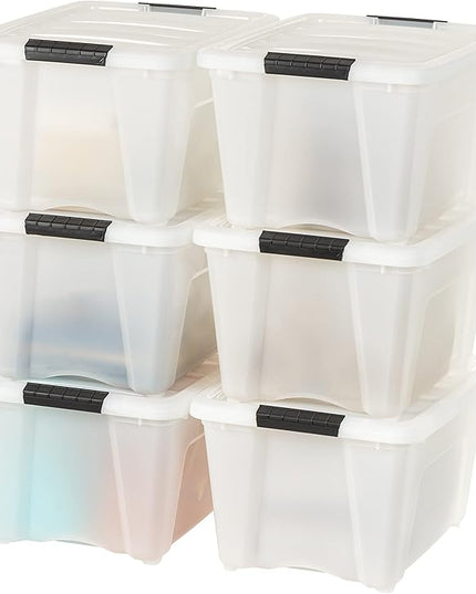IRIS USA 32 Qt Stackable Plastic Storage Bins with Lids, 6 Pack - BPA-Free, Made in USA - Discreet Organizing Solution, Latches, Durable Nestable Containers, Secure Pull Handle - Pearl