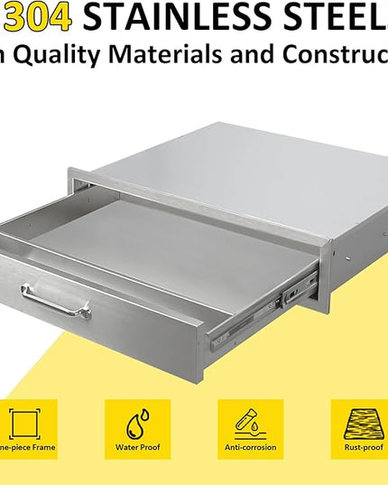 Outdoor Kitchen Drawers 30" W x 6.5" H x 23" D Flush Mount BBQ Single Drawers with Divider,Built-in Stainless Steel Drawer with Chrome Handle for Outdoor Kitchen Island Patio Grill Station