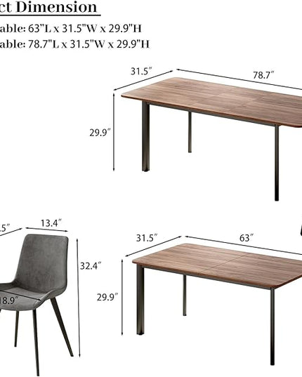 63"- 78.7" Extendable Dining Table Set for 6, Modern Kitchen Table with 6 PU Leather Chairs, Thickened Expandable MDF Wooden Table with Metal Legs for Dining Room, Kitchen, Living Room