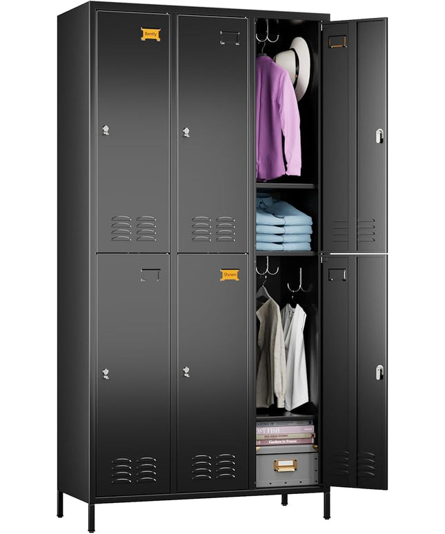 Aobabo Upgrade Metal Storage Locker for Employees, 6 Doors Steel Storage Locker with 18 Hooks for Office Gym School, Industrial Storage with 6 Shelves, Assembly Required, Black
