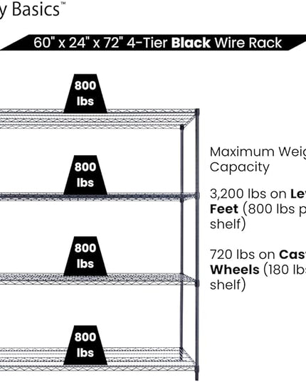 NSF Commercial 4-Tier Wire Shelving with Wheels, 60"x24"x72" Heavy Duty Metal Shelves 3200 lbs Max Capacity, Black Storage Rack for Garage Kitchen Pantry Warehouse