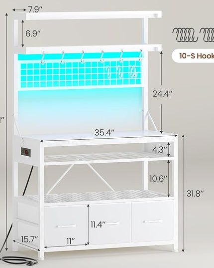 Itaar Bakers Rack with Storage and Power Outlet, 35.4 inch Microwave Stand with Fabric Drawers, Kitchen Coffee Bar Cabinet with Hutch, LED Lights, Wine Rack and Hooks, White