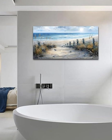 FUHAIHUA Canvas Wall Art For Living Room Wall Decorations For Bedroom Office Decor Beach Wall Paintings Blue Ocean Sea Wave Pictures Artwork For Modern Framed Posters Aesthetic Home Decor 20X40 In