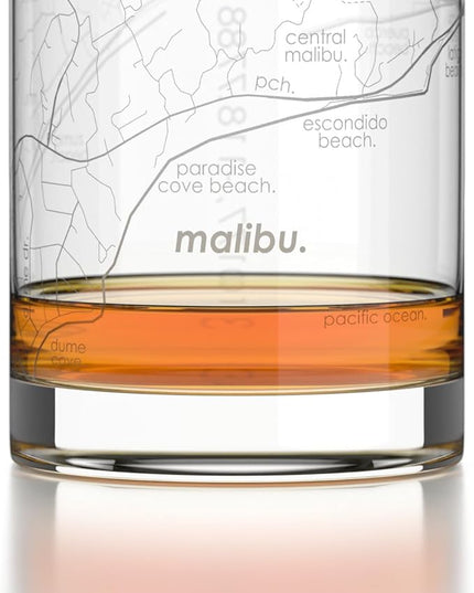 Well Told Engraved Malibu California Map Rocks Glass, Old Fashioned Glassware (11 oz, Clear) Etched Bourbon Tumbler, Gifts For Whiskey Lovers