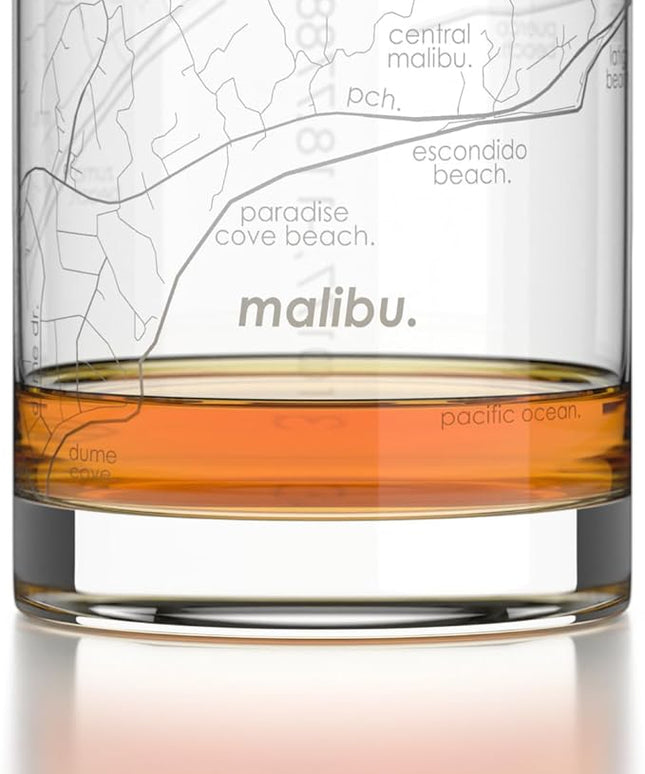 Well Told Engraved Malibu California Map Rocks Glass, Old Fashioned Glassware (11 oz, Clear) Etched Bourbon Tumbler, Gifts For Whiskey Lovers