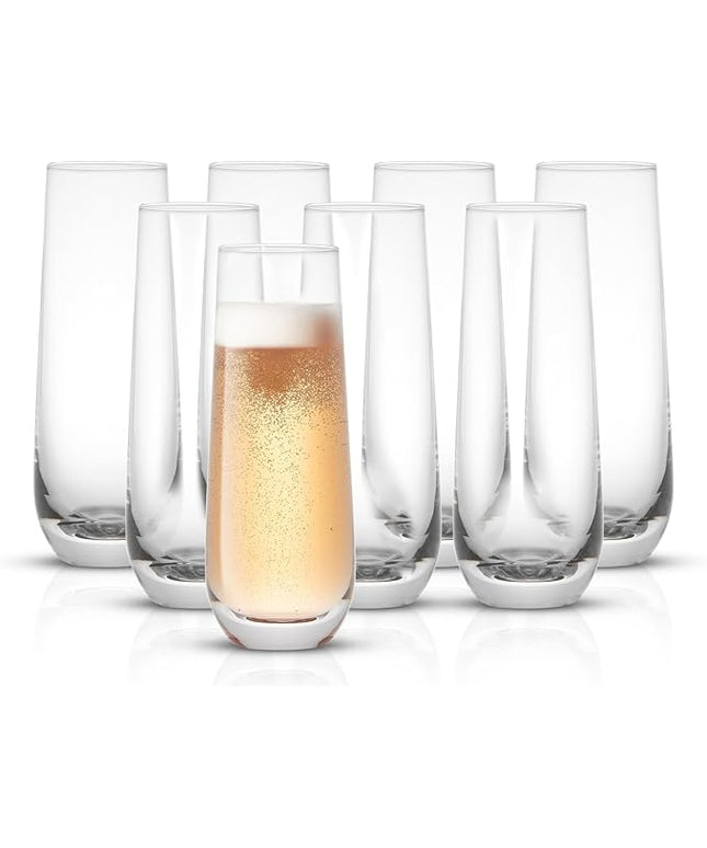 JoyJolt Milo Stemless Champagne Flutes Set of 8 Crystal Glasses. 9.5oz Prosecco Wine Flute, Mimosa Glasses, Cocktail Glass Set, Water Highball Glass, Bar Glassware