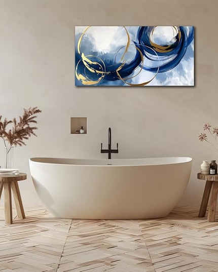 Abstract Wall Art Nave Blue Modern Canvas Pictures Art Print Gold Contemporary Artwork Painting Decor for Living Room Bedroom Home Office Decorations 24x48inches