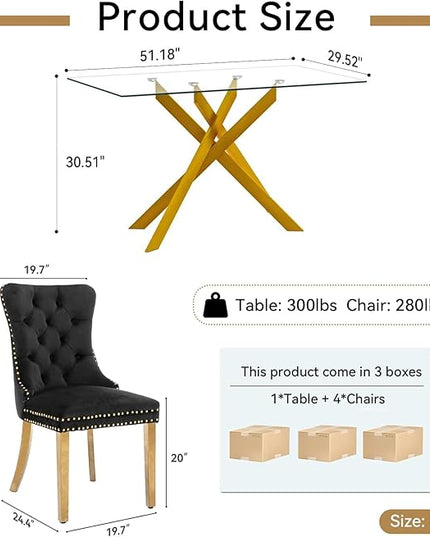 5 Piece Dining Table Set for 4, 51in Glass Dining Table Set with 4 Upholstered Dining Chairs, Black Tufted Chair & Dining Room Table Set w/Metal Legs, Gold Glass Kitchen Table and Chair Set for 4