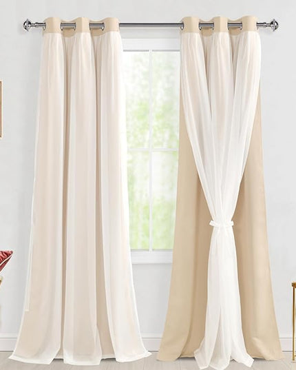 Hiasan Blackout Curtains with White Sheer Overlay, Mix & Match Double Layer Thermal Insulated Window Panels 96 inches Long for Bedroom Living Room, 2 Window Panels with Tiebacks, Beige, 42W X 96L