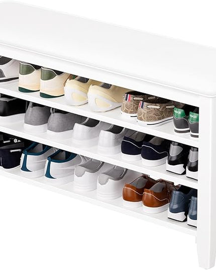 Shoe Rack Bench Entryway Storage with Leather Cushion, Shoe Organizer Bench for Entryway, Ideal for Front Doors Entrances Hallway Mudroom Featuring Rubberwood And 3 Height-Adjustable Removable Shelve