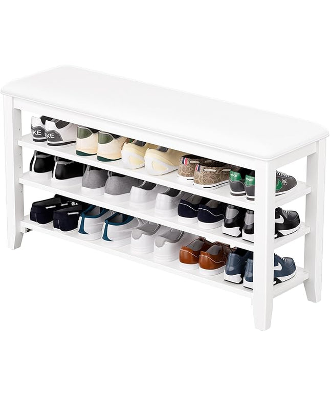 Shoe Rack Bench Entryway Storage with Leather Cushion, Shoe Organizer Bench for Entryway, Ideal for Front Doors Entrances Hallway Mudroom Featuring Rubberwood And 3 Height-Adjustable Removable Shelve