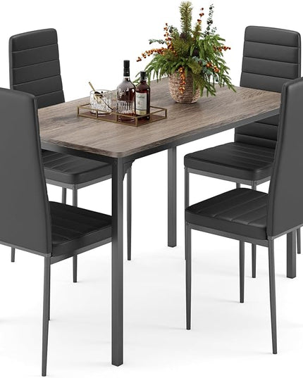 Gizoon Dining Table Set for 4, Kitchen Table Chairs Set of 4, 5 Piece Kitchen Table Set with 4 Upholstered PU Leather Chairs for Dining Room, Living Room, Apartment, Small Space, Grey