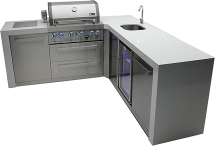Mont Alpi MAi400-D90BEV 32-Inch 4-Burner 78000 BTU 90 Degree Corner Deluxe Stainless Steel Gas Outdoor Kitchen Barbecue Gas Island Grill w/Wine Cooler Beverage Center Refrigerator + Faucet & Sink