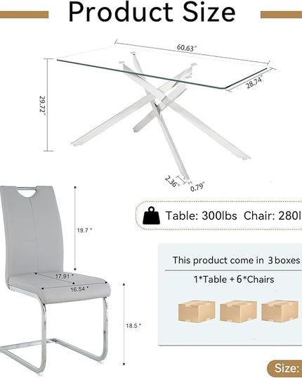 7 Piece Glass Dining Table Set, Glass Kitchen Dining Room Table Set for 6, 61" Modern Rectangular Silver Glass Metal Dining Table with 6 Grey PU Leather Dining Chairs for Kitchen Dining Room