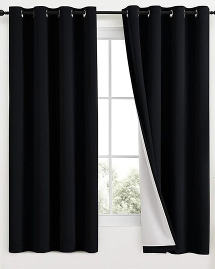 Yakamok 100% Blackout Curtains Black Room Darkening Thermal Insulated Window Curtain with 2 Thick Layers-Set of 2 Panels Grommet Top Drapes for Bedroom Living Room 52 Inches by 63 Inches Length