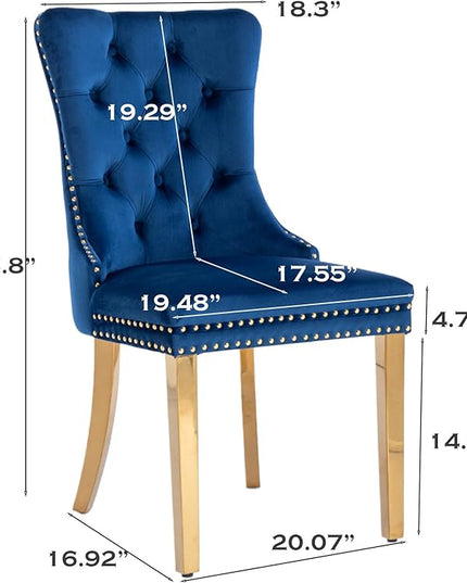 SoarFlash Velvet Dining Chairs Set of 6, Tall Back Side Chair, Modern Upholstered Side Chair with Button Back Ring, Gold Plated Stainless Steel Legs (Blue)