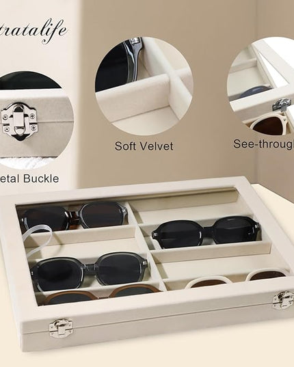 Stratalife Sunglasses Organizer Sunglass Display Tray Jewelry Tray with Lid Sunglasses Storage Case Drawer Watch Box for Men and Women Beige (8 Grids)