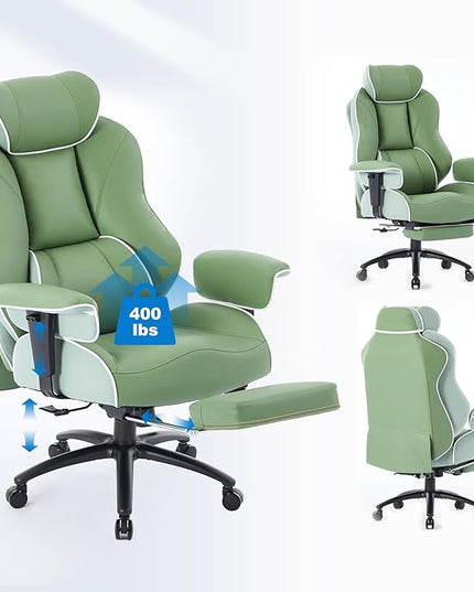 DJ·Wang Big and Tall Office Chair with Foot Rest, High Back Executive Office Chair PU Leather, Ergonomic Chairs with Lumbar Support, 135° Reclining Chairs with Thickened Spring Cushion Green