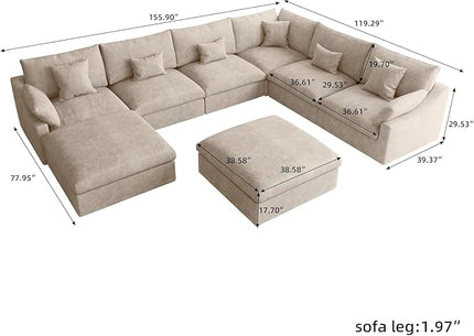 WJShome 156" Cloud Modular Sectional Sofa Couch,U Shaped Couch with Ottoman,Down Filled 8 Seater Convertible Sleeper Bed Living Room Set,Covers Washable&Replaceable (Khkai)