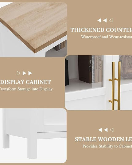 Sideboard Buffet Cabinet, 55" Large Modern Farmhouse Storage Cabinet Table with 4 Glass Doors and Shelves, Multi-Room Use for Kitchen, Dining Room, Living Room, and Hallway