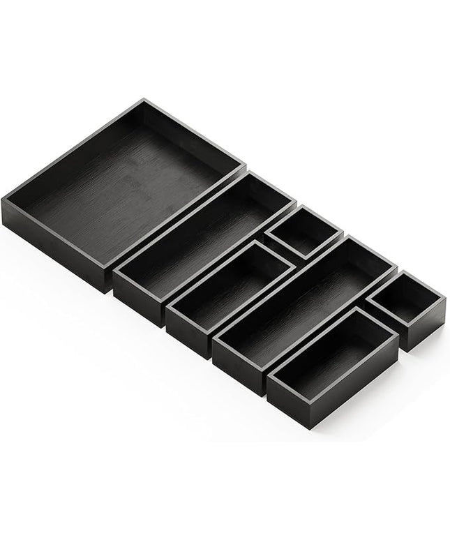 SpaceAid 7-Piece Bamboo Drawer Organizer Storage Boxes Set, Wood Tray Junk Drawer Organizers Multi-Use Divider Bins for Kitchen, Bathroom, Office Desk and Makeup Organization (7 Pack, Black)