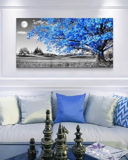 Wapluam Large Canvas Wall Art For Living Room Modern Wall Decor For Bedroom Black And White Wall Paintings Blue Tree Scenery Wall Pictures Prints Artwork Office Decor Aesthetic Home Decor 30" X 60"