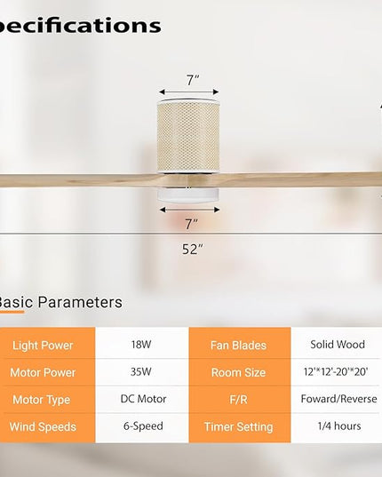 52" Ceiling Fan with Light - Low Profile Flush Mount Ceiling Fan, 6-Speed Remote Control, Solid Wood, Quiet Reversible DC Motor, Boho Style, for Bedroom, Living Room, Porch, Light Oak/White
