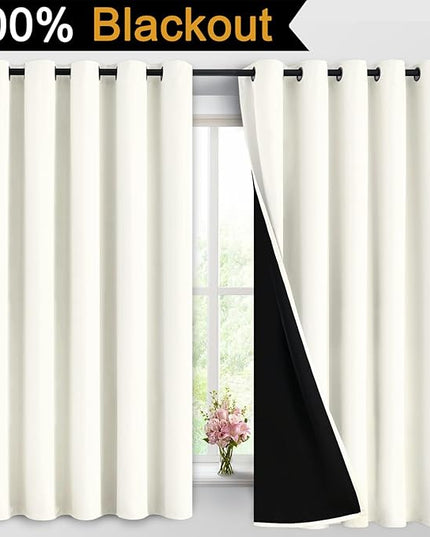 Yakamok 100% Cream Blackout Curtains for Bedroom, Light Blocking Thermal Insulated Noise Reducing Blackout Drapes for Living Room(62Wx63L, 2 Panels)