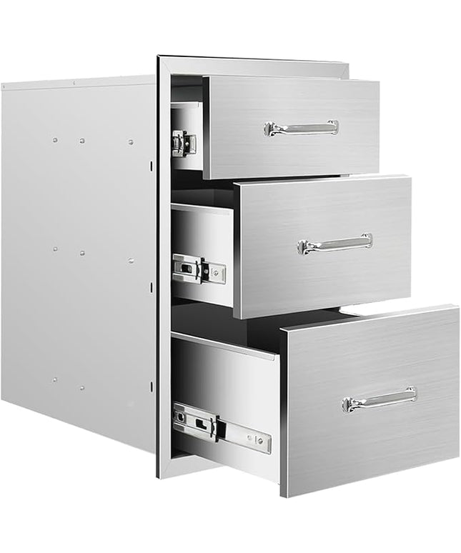 Outdoor Kitchen Drawers 14" W x 21" H x 23" D Flush Mount Triple BBQ Drawers with Chrome Handle Stainless Steel Drawer for Outdoor Kitchen Island, Patio Grill Station