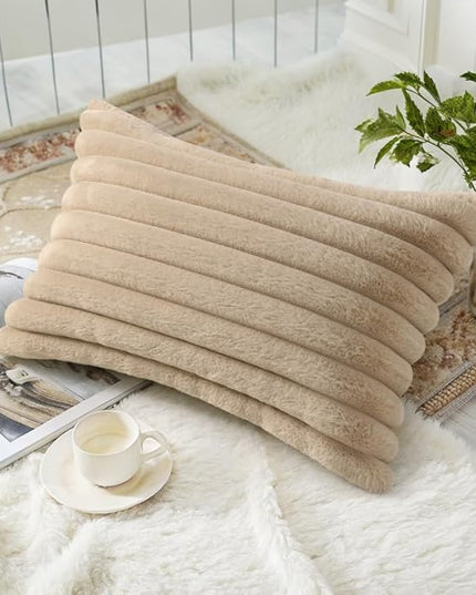 decorUhome Faux Fur Spring Throw Pillow Covers 12x20 Set of 2, Decorative Soft Plush Striped Neutral Couch Euro Pillow Covers with Velvet Back for Sofa, Bed, Living Room Home Decor, Khaki Brown