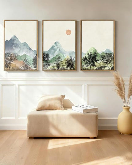 ANHUIB Mountain Wall Art 16x24 Inch Watercolor Landscape Wall Decor Sun Forest Painting Minimalist Pine Tree Artprint Nature Illustration Set of 3 for Living Room Dining Room Office