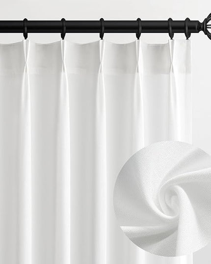 Topfinel White Pinch Pleated Semi Sheer Curtains Textured Linen Blended Light Filtering Window Curtains 94 inch for Living Room Bedroom Pinch Pleat Drapes with Hooks 2 Panels 40" Wx94 L