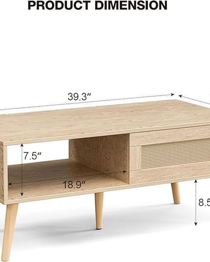 Wood Coffee Table with Storage, Boho Dining Table with Sliding Rattan Door Panel and Solid Wood Legs, Small Coffee Tables for Living Room, Oak (Oak_LSJ008)