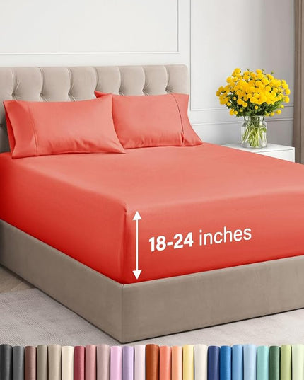Extra Deep Twin XL Sheet Set - 4 Piece Breathable & Cooling Sheets - Hotel Luxury Bed Sheets Set - Easy & Secure Fit - Soft, Wrinkle Free & Comfy Sheets Set - Coral Sheet Set with Extra Deep Pockets