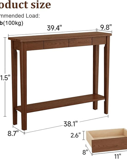 AQIMUELE Wood Console Table with Drawers, Mid Century Modern Console Table Walnut for Entryway, Living Room, Hall Way.