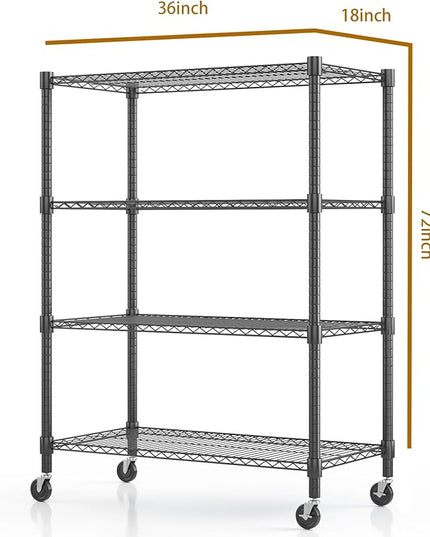 Himimi 18" D×36" W×72" H Storage Shelves with Wheels Metal Wire Shelving Unit 4 Tier Adjustable Shelving Heavy Duty Garage Shelf Organizer Rack Loads 1600LBS，Black