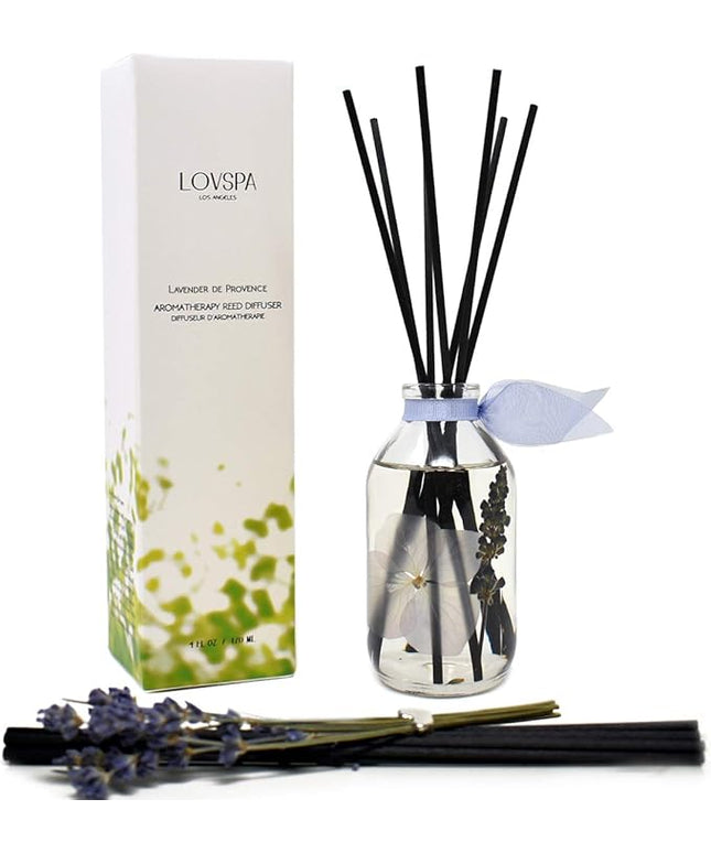LOVSPA Reed Diffuser Set, Lavender De Provence Scented Oil Diffuser with Sticks, Home Fragrance Accessories for Bathroom Shelf Decor, Aroma Diffusers for Home or Office Desk, USA Made