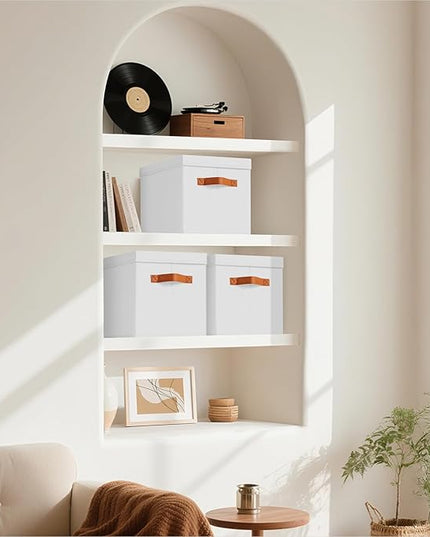 Storage Bins with Lids - Fabric Storage Baskets for Shelves, 4 Pack Foldable Decorative Boxes with Handles, Stackable Organizer Bins for Home, Nursery, Dorm, White