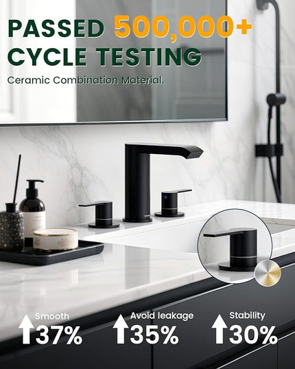 DAYONE Matte Black 3 Holes Bathroom Sink Faucet Widespread, 2 Handles Lavatory Vanity Faucet with Pop Up Drain & Supplies Lines
