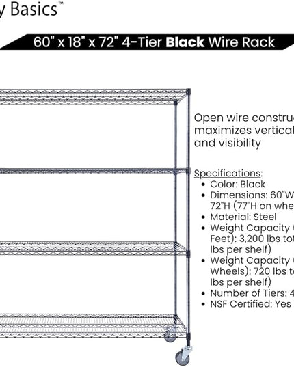NSF Commercial 4-Tier Wire Shelving with Wheels, 60"x18"x72" Heavy Duty Metal Shelves 3200 lbs Max Capacity, Black Storage Rack for Garage Kitchen Pantry Warehouse