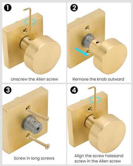 Brushed Gold Dummy Door Knob, Heavy Duty Closet Door Knob, Square Individual Dummy Door Knob Single Side (2 Pieces/1 Pack)