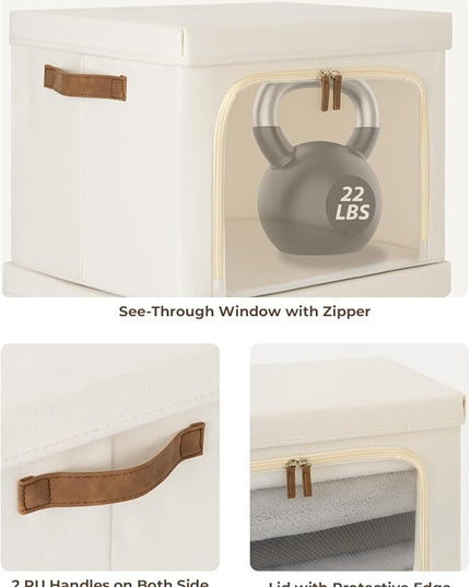 StorageWorks Storage Bins with Lids, Decorative Boxes with Clear Window for Clothes, Fabric Collapsible Baskets for Closet Organization, Large, Beige, 3 Packs