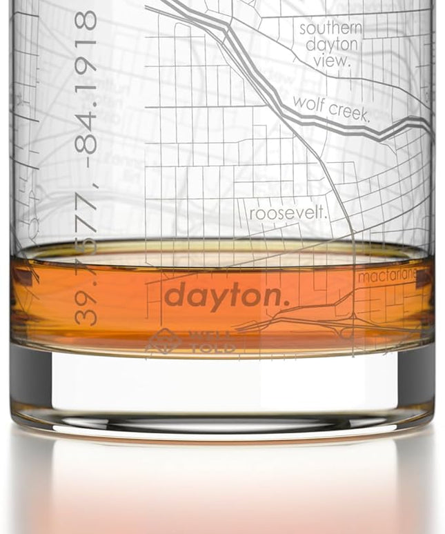 Well Told Engraved Dayton Ohio Map Rocks Glass, Old Fashioned Glassware (11 oz, Clear) Etched Bourbon Tumbler, Gifts For Whiskey Lovers